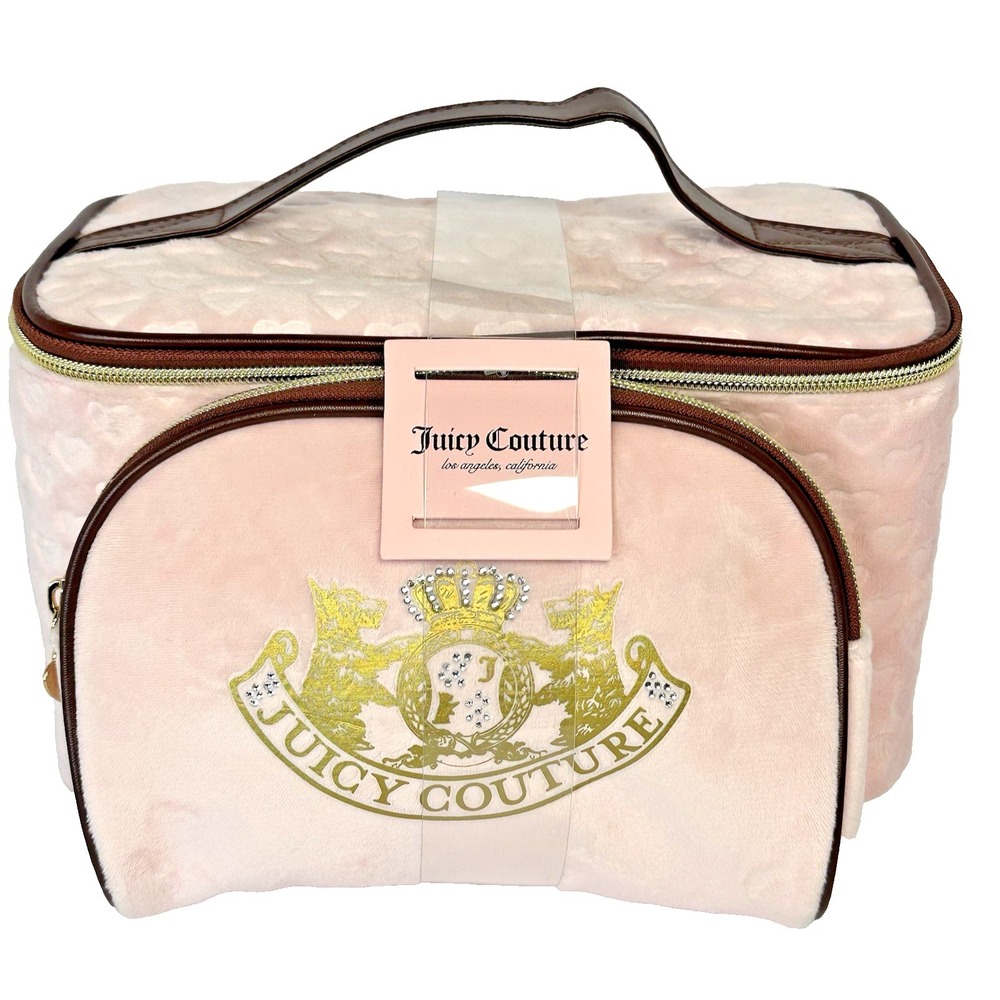 Juicy Couture Velour Cosmetic Bag Set Pink Embossed Hearts Gold Crest